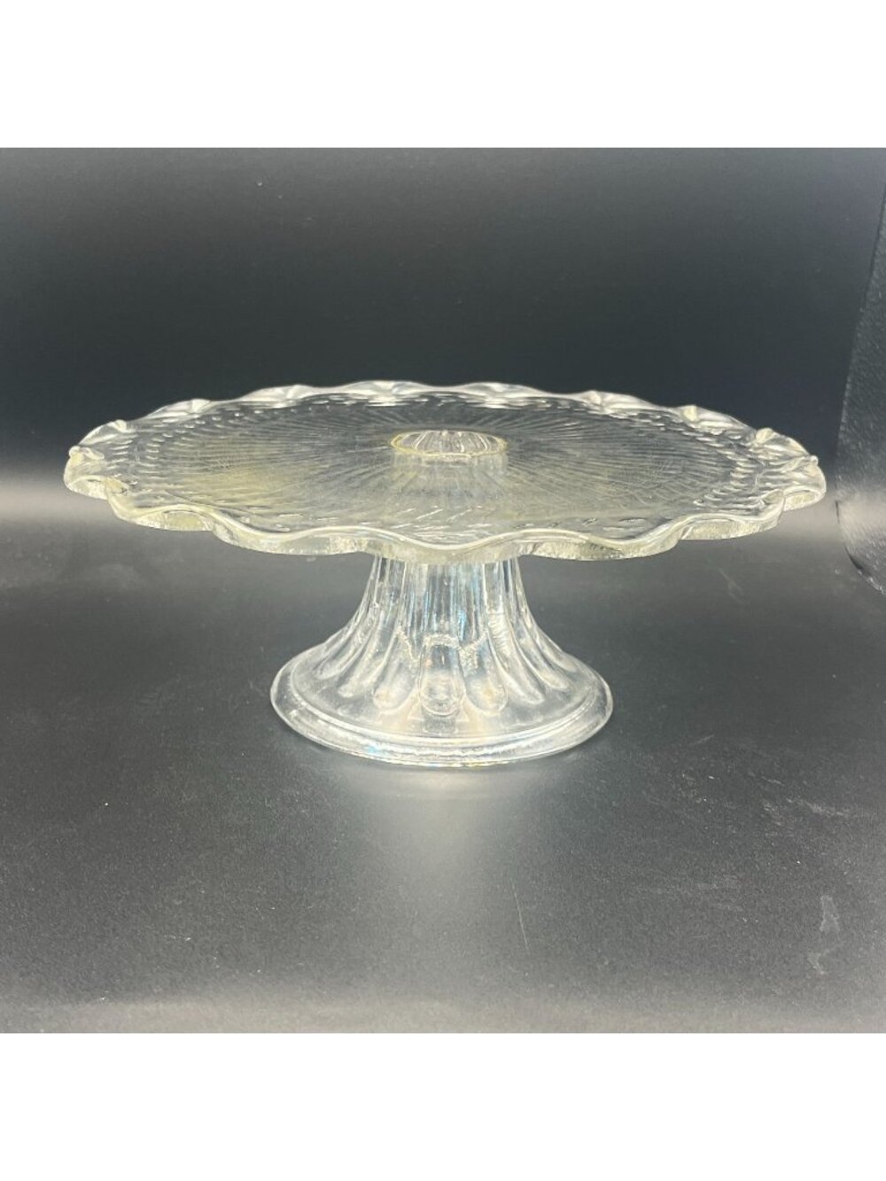 Vintage Clear Glass Pedestal Cake Stand Scalloped Edge Intricate Vine Design